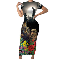 Kangaroo-Kiwi Soldier ANZAC Personalised Family Matching Short Sleeve Bodycon Dress and Hawaiian Shirt Golden Wattle Poppy Flowers LT9 Mom's Dress Black - Polynesian Pride