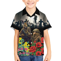 Kangaroo-Kiwi Soldier ANZAC Personalised Family Matching Short Sleeve Bodycon Dress and Hawaiian Shirt Golden Wattle Poppy Flowers LT9 Son's Shirt Black - Polynesian Pride