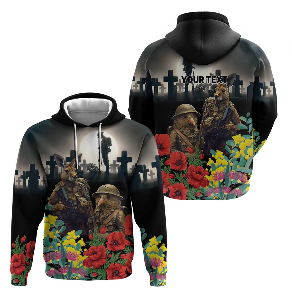 Kangaroo-Kiwi Soldier ANZAC Personalised Hoodie Golden Wattle Poppy Flowers