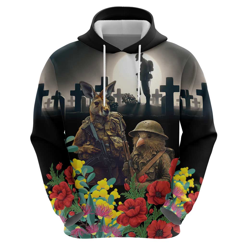 Kangaroo-Kiwi Soldier ANZAC Personalised Hoodie Golden Wattle Poppy Flowers