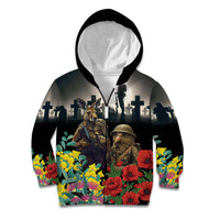 Kangaroo-Kiwi Soldier ANZAC Personalised Kid Hoodie Golden Wattle Poppy Flowers