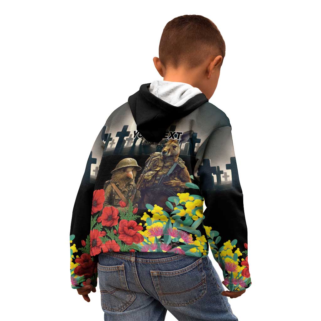 Kangaroo-Kiwi Soldier ANZAC Personalised Kid Hoodie Golden Wattle Poppy Flowers