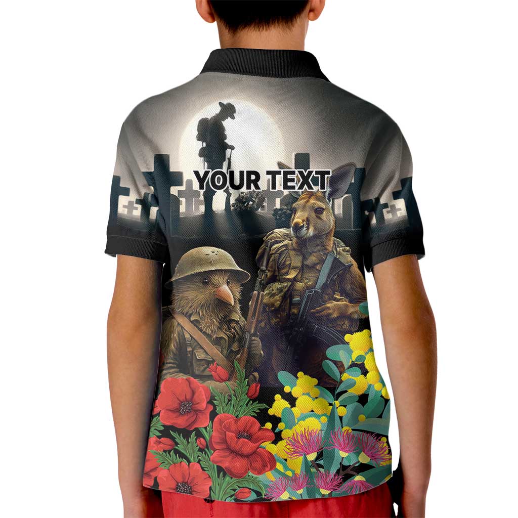 Kangaroo-Kiwi Soldier ANZAC Personalised Kid Polo Shirt Golden Wattle Poppy Flowers