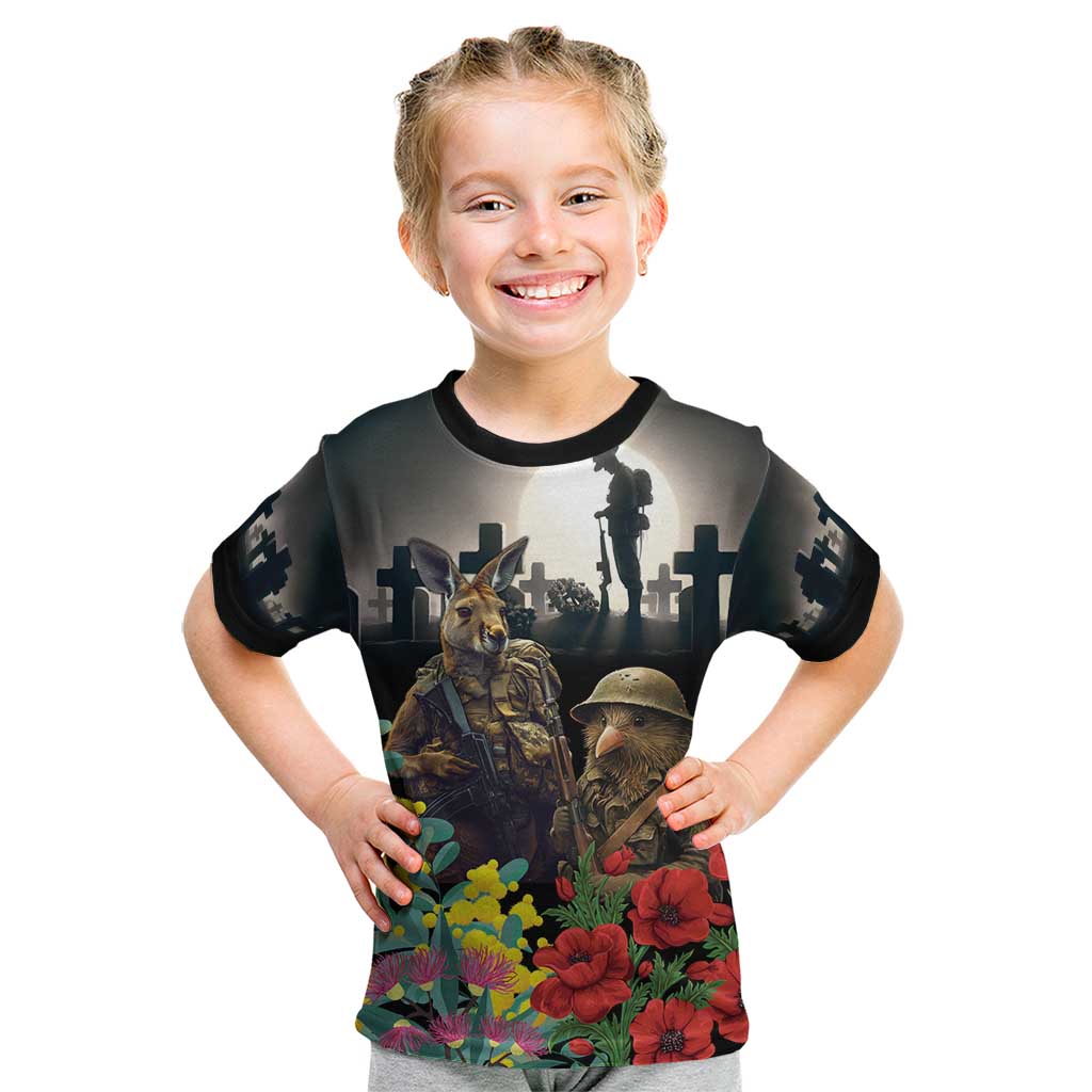 Kangaroo-Kiwi Soldier ANZAC Personalised Kid T Shirt Golden Wattle Poppy Flowers