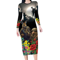 Kangaroo-Kiwi Soldier ANZAC Personalised Long Sleeve Bodycon Dress Golden Wattle Poppy Flowers LT9 Long Dress Black - Polynesian Pride