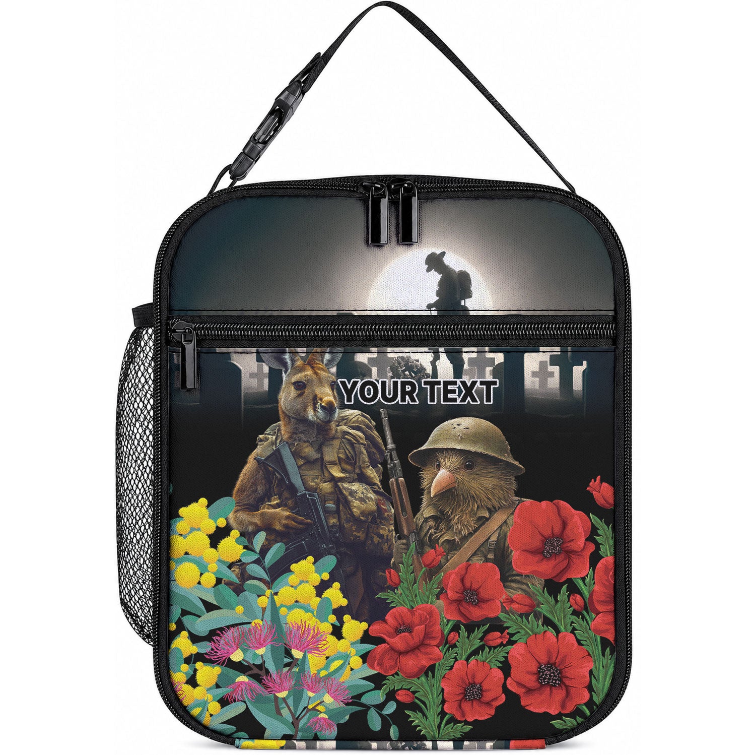 Kangaroo-Kiwi Soldier ANZAC Personalised Lunch Bag Golden Wattle Poppy Flowers LT9 10.2 × 8.3 × 4.3 inch Black - Polynesian Pride
