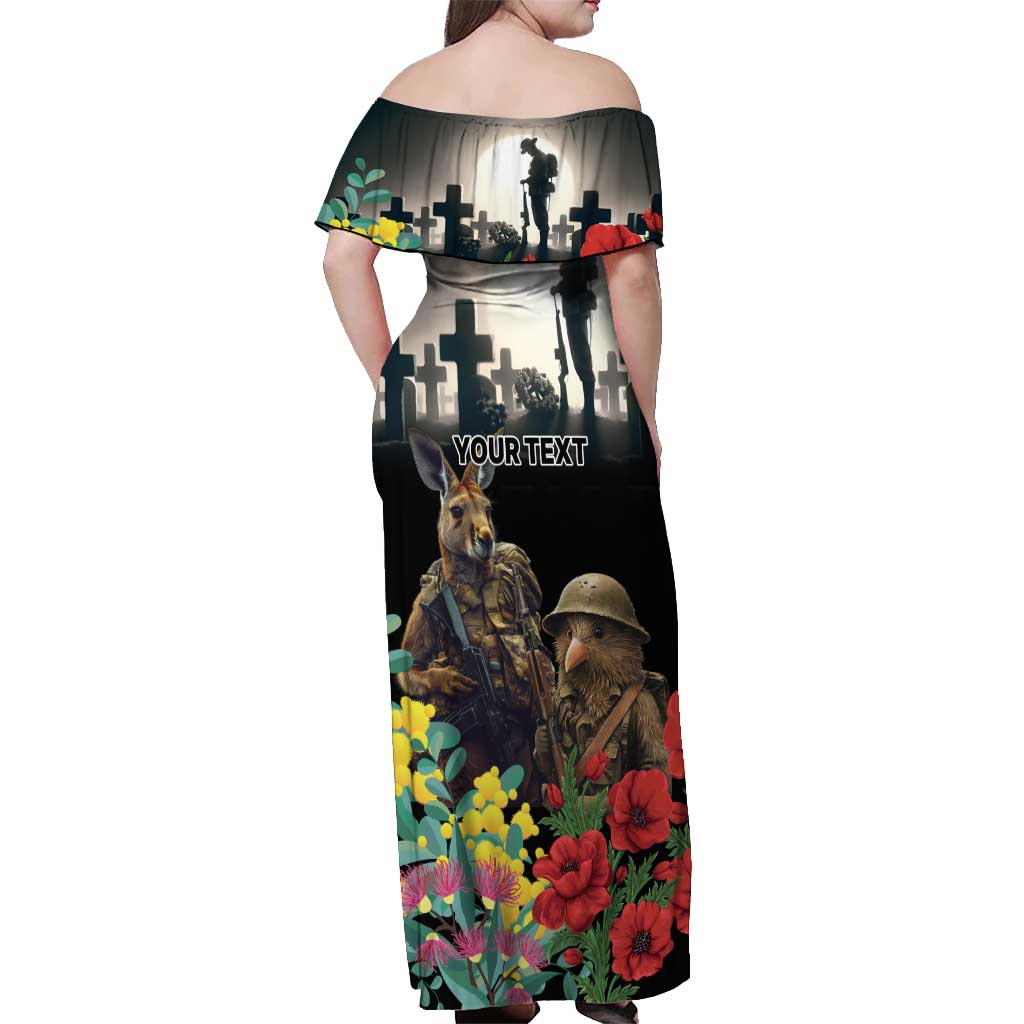 Kangaroo-Kiwi Soldier ANZAC Personalised Off Shoulder Maxi Dress Golden Wattle Poppy Flowers