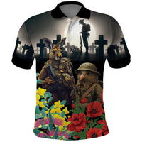 Kangaroo-Kiwi Soldier ANZAC Personalised Polo Shirt Golden Wattle Poppy Flowers