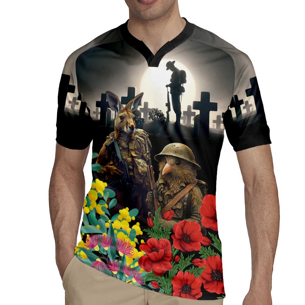 Kangaroo-Kiwi Soldier ANZAC Personalised Rugby Jersey Golden Wattle Poppy Flowers