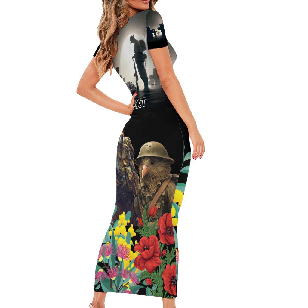 Kangaroo-Kiwi Soldier ANZAC Personalised Short Sleeve Bodycon Dress Golden Wattle Poppy Flowers LT9 - Polynesian Pride