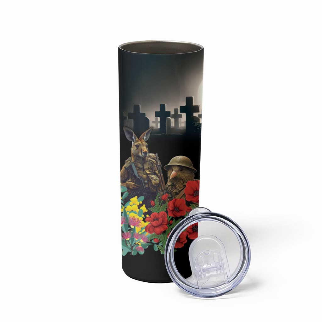 Kangaroo-Kiwi Soldier ANZAC Personalised Skinny Tumbler Golden Wattle Poppy Flowers LT9 - Polynesian Pride