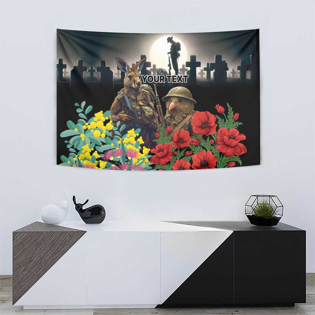 Kangaroo-Kiwi Soldier ANZAC Personalised Tapestry Golden Wattle Poppy Flowers