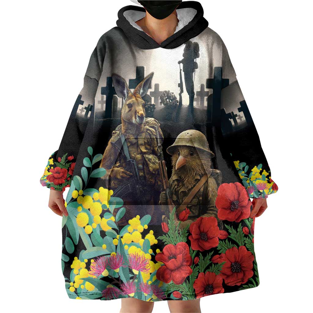 Kangaroo-Kiwi Soldier ANZAC Personalised Wearable Blanket Hoodie Golden Wattle Poppy Flowers