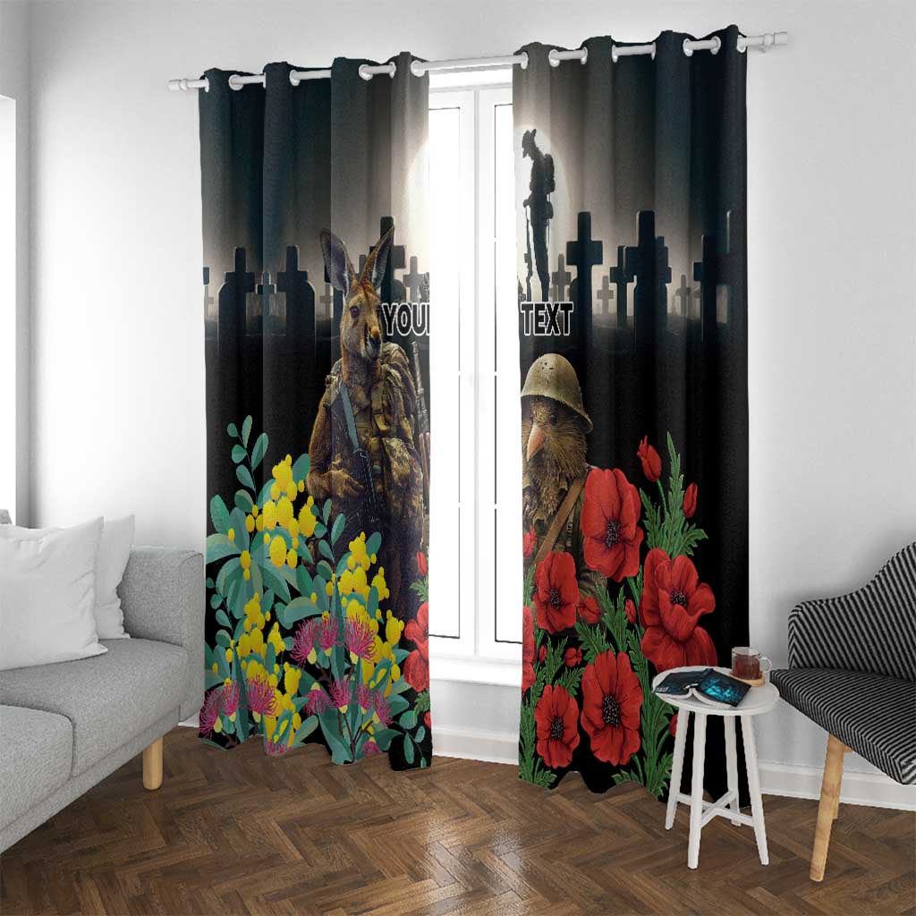 Kangaroo-Kiwi Soldier ANZAC Personalised Window Curtain Golden Wattle Poppy Flowers