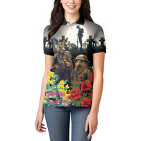 Kangaroo-Kiwi Soldier ANZAC Personalised Women Polo Shirt Golden Wattle Poppy Flowers
