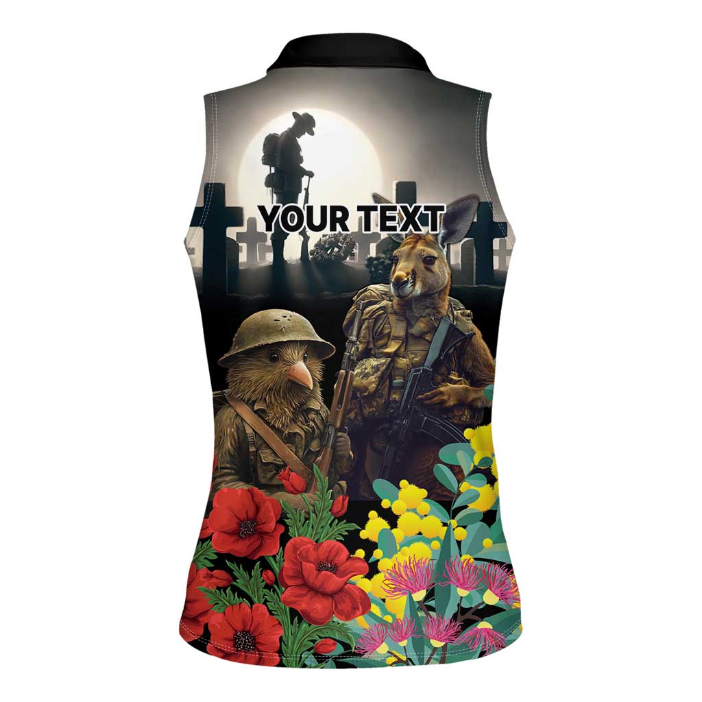 Kangaroo-Kiwi Soldier ANZAC Personalised Women Sleeveless Polo Shirt Golden Wattle Poppy Flowers LT9 - Polynesian Pride