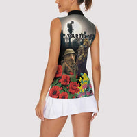 Kangaroo-Kiwi Soldier ANZAC Personalised Women Sleeveless Polo Shirt Golden Wattle Poppy Flowers LT9 - Polynesian Pride