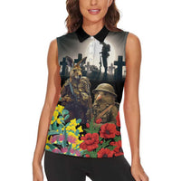 Kangaroo-Kiwi Soldier ANZAC Personalised Women Sleeveless Polo Shirt Golden Wattle Poppy Flowers LT9 - Polynesian Pride