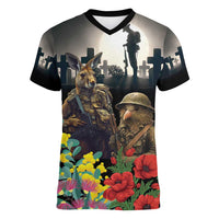 Kangaroo-Kiwi Soldier ANZAC Personalised Women V-Neck T-Shirt Golden Wattle Poppy Flowers LT9 Female Black - Polynesian Pride