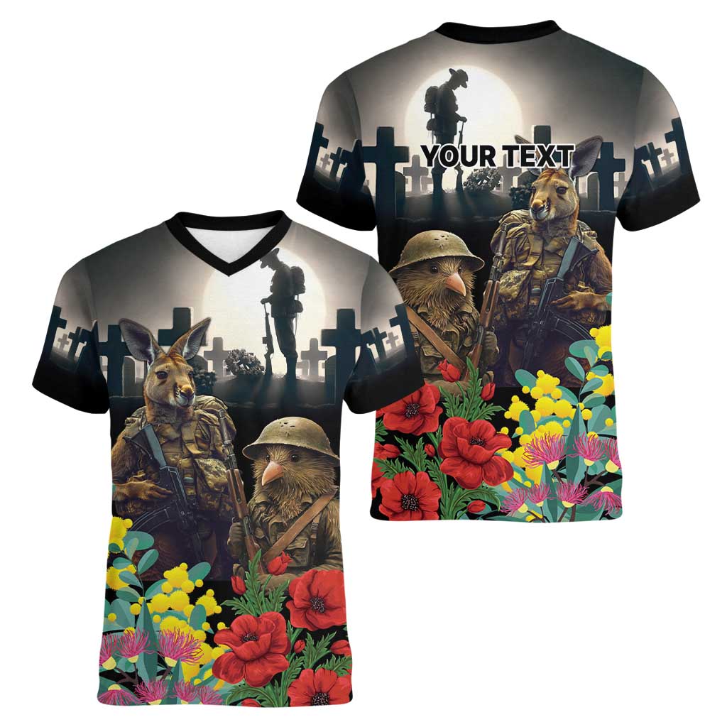 Kangaroo-Kiwi Soldier ANZAC Personalised Women V-Neck T-Shirt Golden Wattle Poppy Flowers LT9 - Polynesian Pride