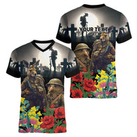 Kangaroo-Kiwi Soldier ANZAC Personalised Women V-Neck T-Shirt Golden Wattle Poppy Flowers LT9 - Polynesian Pride