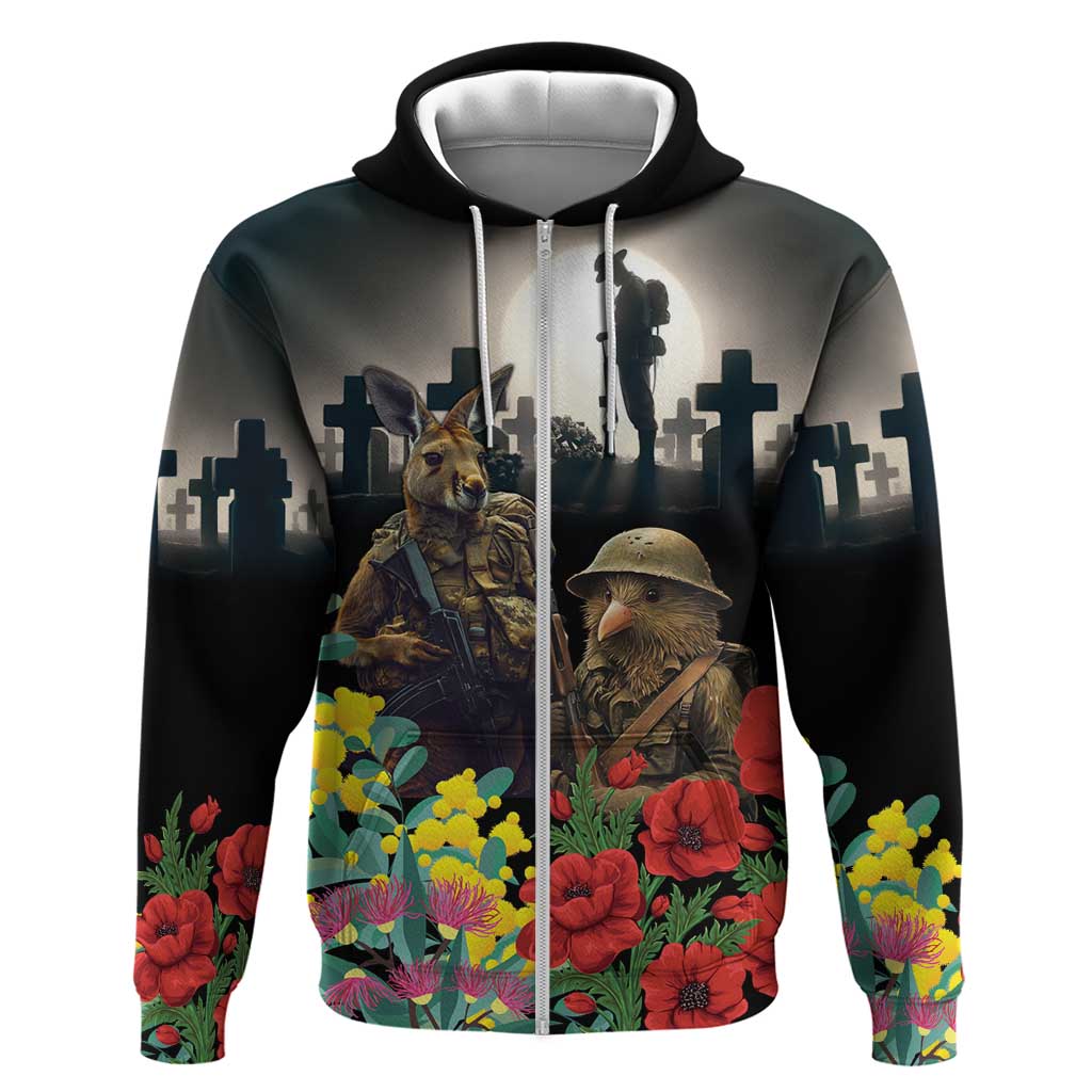 Kangaroo-Kiwi Soldier ANZAC Personalised Zip Hoodie Golden Wattle Poppy Flowers LT9 Zip Hoodie Black - Polynesian Pride