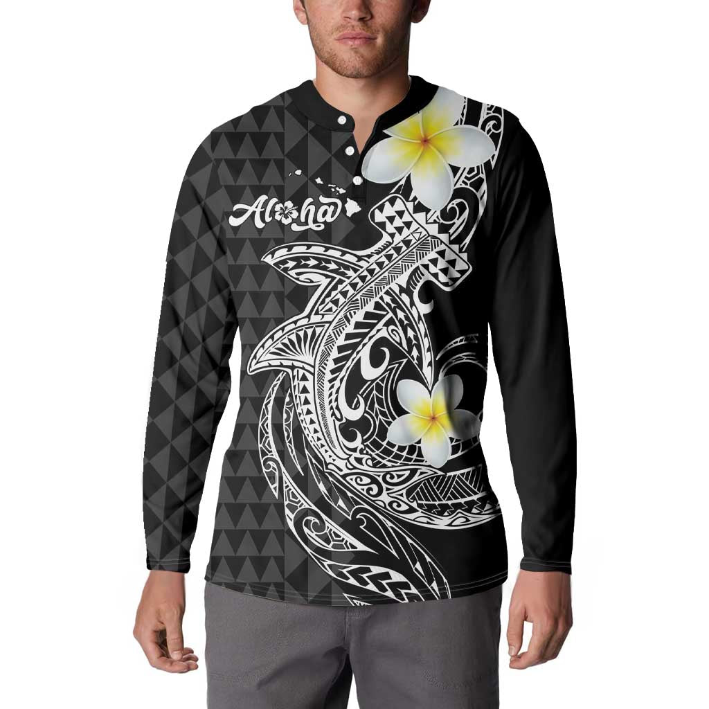 Aloha Hammerhead Shark Button Sweatshirt Black Hawaiian Kakau Tribal Tattoo