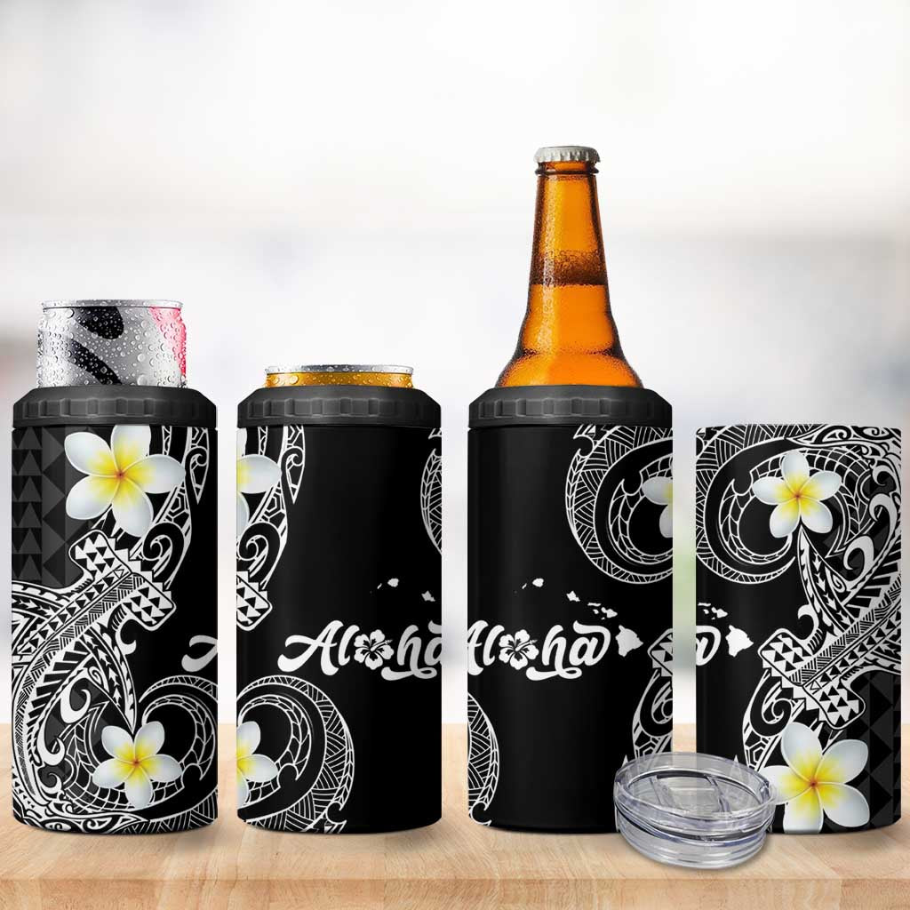 Aloha Hammerhead Shark 4 in 1 Can Cooler Tumbler Black Hawaiian Kakau Tribal Tattoo