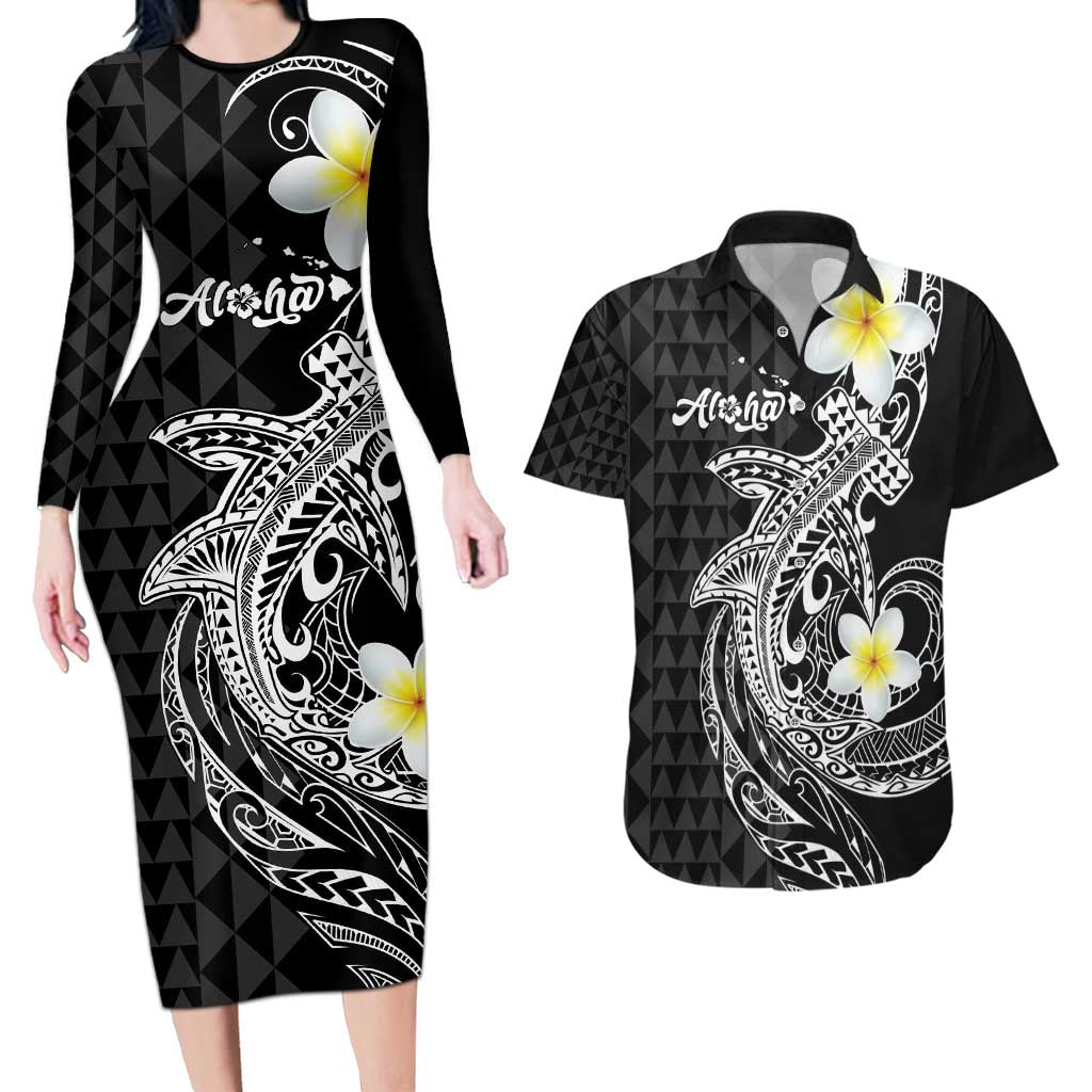 Aloha Hammerhead Shark Couples Matching Long Sleeve Bodycon Dress and Hawaiian Shirt Black Hawaiian Kakau Tribal Tattoo