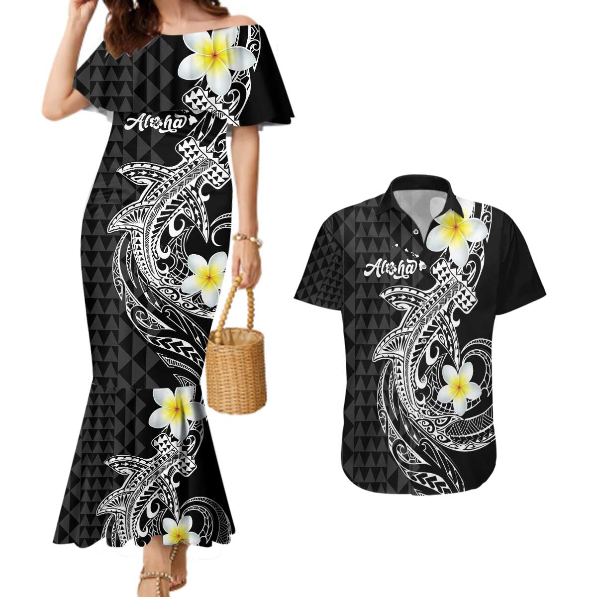 Aloha Hammerhead Shark Couples Matching Mermaid Dress and Hawaiian Shirt Black Hawaiian Kakau Tribal Tattoo