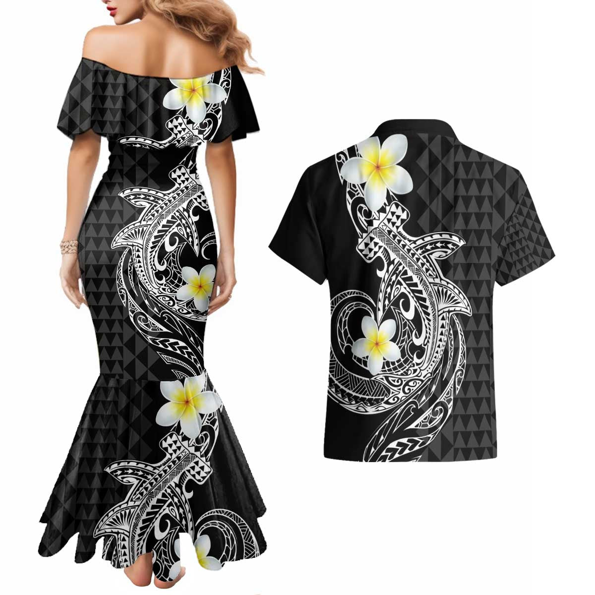 Aloha Hammerhead Shark Couples Matching Mermaid Dress and Hawaiian Shirt Black Hawaiian Kakau Tribal Tattoo