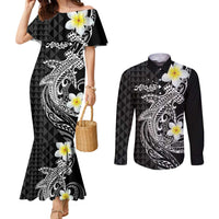 Aloha Hammerhead Shark Couples Matching Mermaid Dress and Long Sleeve Button Shirt Black Hawaiian Kakau Tribal Tattoo