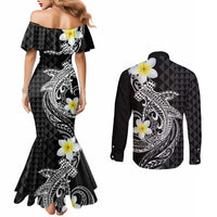 Aloha Hammerhead Shark Couples Matching Mermaid Dress and Long Sleeve Button Shirt Black Hawaiian Kakau Tribal Tattoo