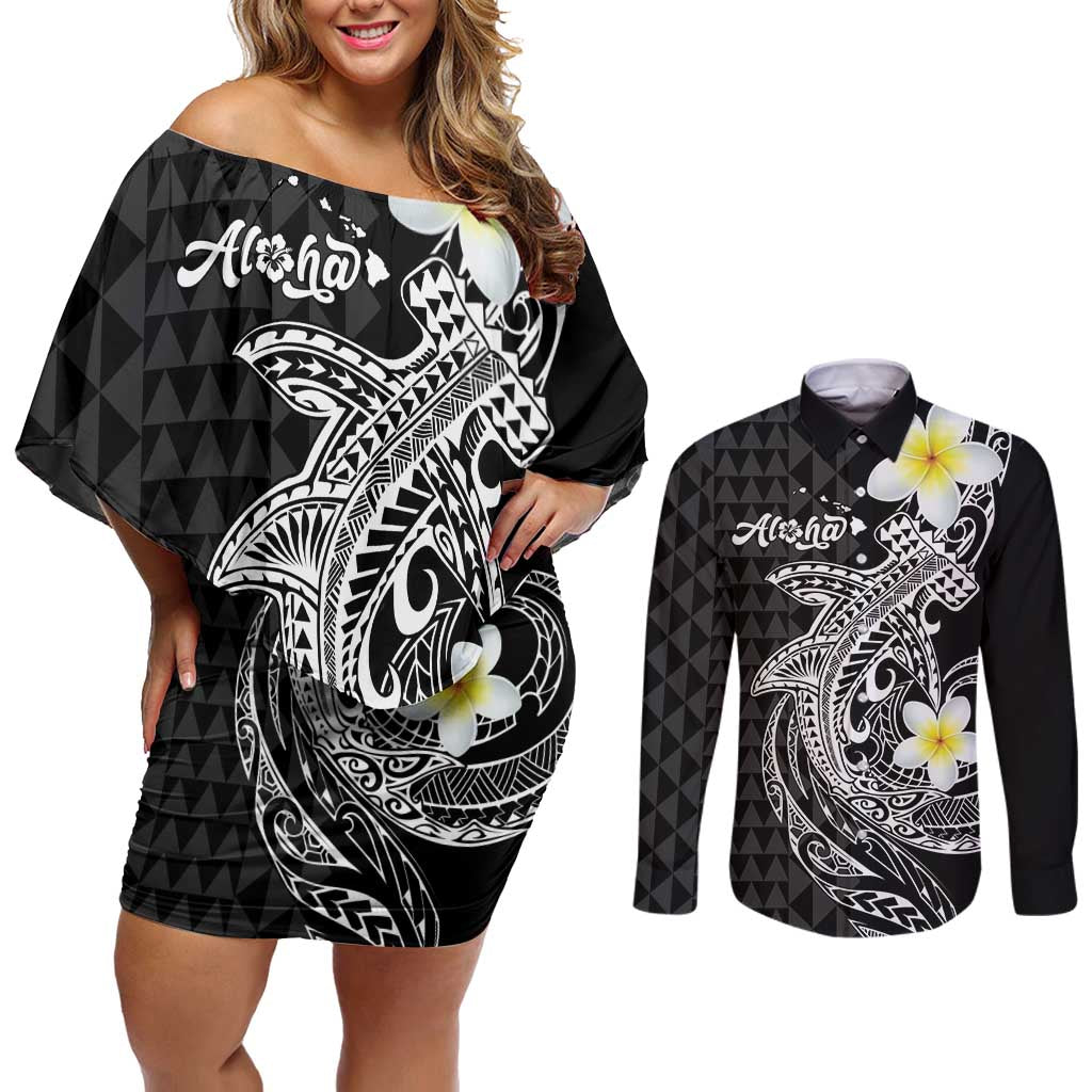 Aloha Hammerhead Shark Couples Matching Off Shoulder Short Dress and Long Sleeve Button Shirt Black Hawaiian Kakau Tribal Tattoo