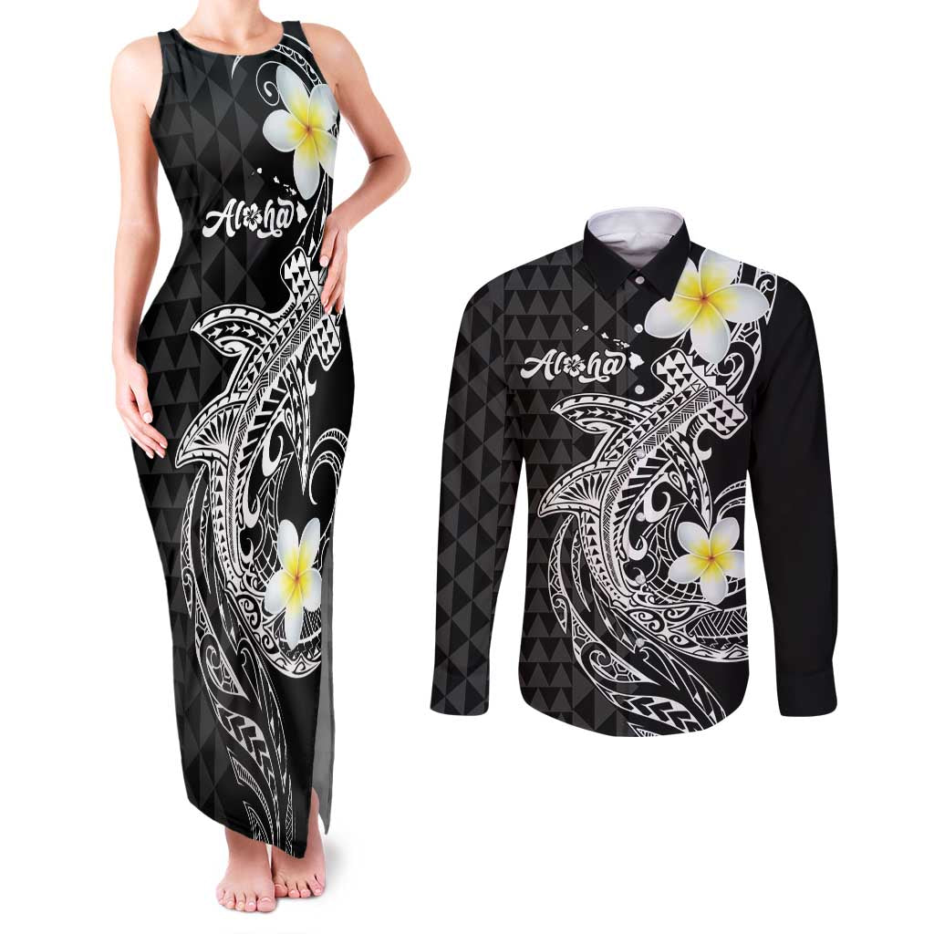Aloha Hammerhead Shark Couples Matching Tank Maxi Dress and Long Sleeve Button Shirt Black Hawaiian Kakau Tribal Tattoo