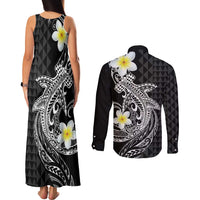 Aloha Hammerhead Shark Couples Matching Tank Maxi Dress and Long Sleeve Button Shirt Black Hawaiian Kakau Tribal Tattoo