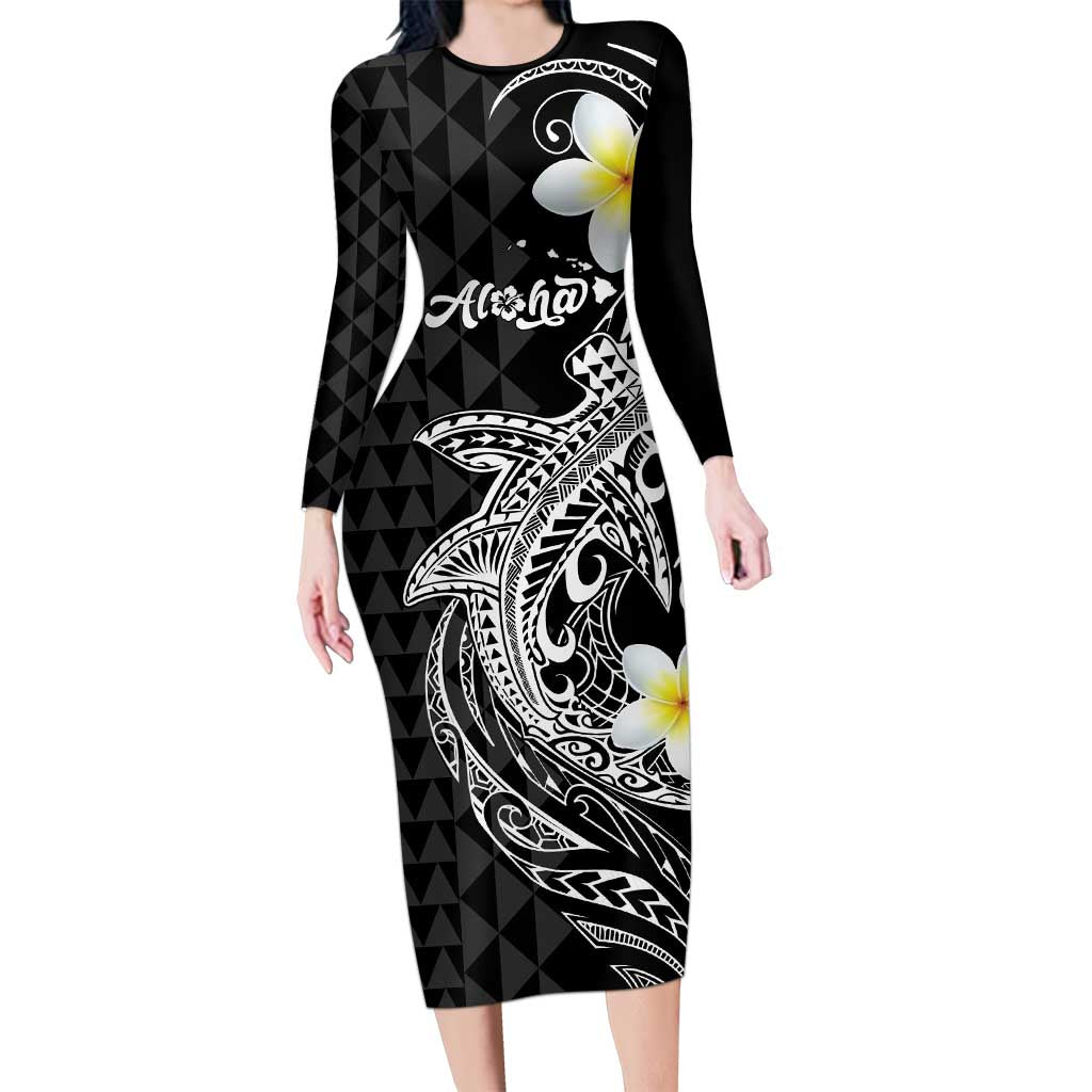 Aloha Hammerhead Shark Family Matching Long Sleeve Bodycon Dress and Hawaiian Shirt Black Hawaiian Kakau Tribal Tattoo