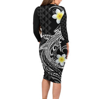 Aloha Hammerhead Shark Family Matching Long Sleeve Bodycon Dress and Hawaiian Shirt Black Hawaiian Kakau Tribal Tattoo