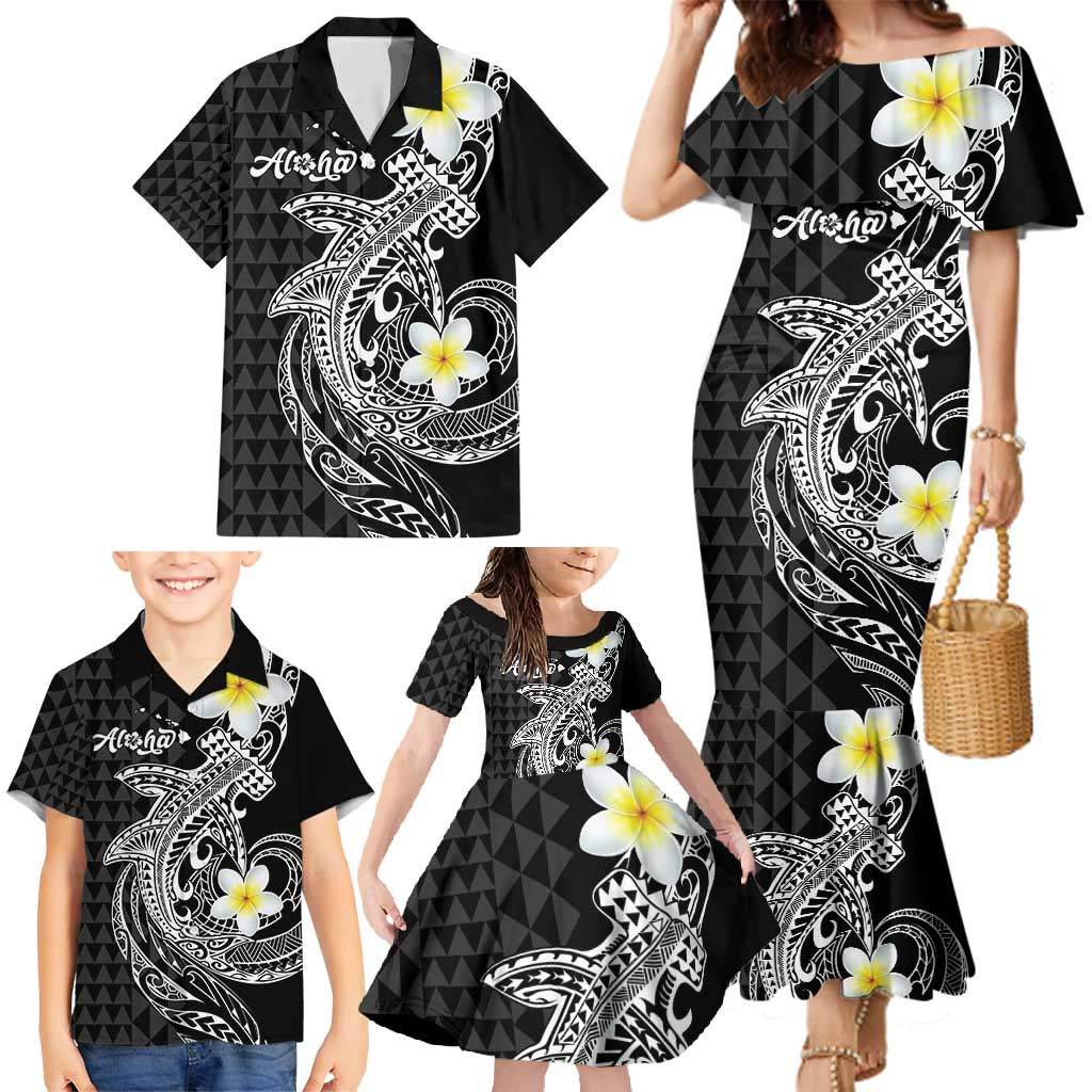 Aloha Hammerhead Shark Family Matching Mermaid Dress and Hawaiian Shirt Black Hawaiian Kakau Tribal Tattoo