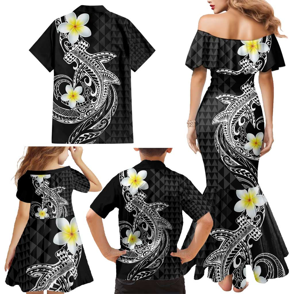Aloha Hammerhead Shark Family Matching Mermaid Dress and Hawaiian Shirt Black Hawaiian Kakau Tribal Tattoo