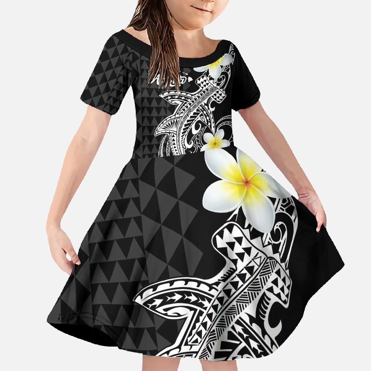 Aloha Hammerhead Shark Family Matching Off The Shoulder Long Sleeve Dress and Hawaiian Shirt Black Hawaiian Kakau Tribal Tattoo