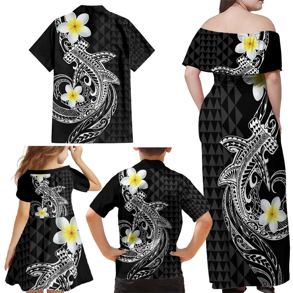 Aloha Hammerhead Shark Family Matching Off Shoulder Maxi Dress and Hawaiian Shirt Black Hawaiian Kakau Tribal Tattoo