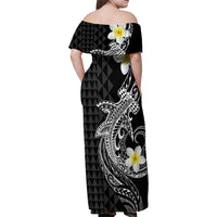 Aloha Hammerhead Shark Family Matching Off Shoulder Maxi Dress and Hawaiian Shirt Black Hawaiian Kakau Tribal Tattoo