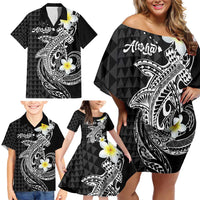 Aloha Hammerhead Shark Family Matching Off Shoulder Short Dress and Hawaiian Shirt Black Hawaiian Kakau Tribal Tattoo LT9 - Polynesian Pride