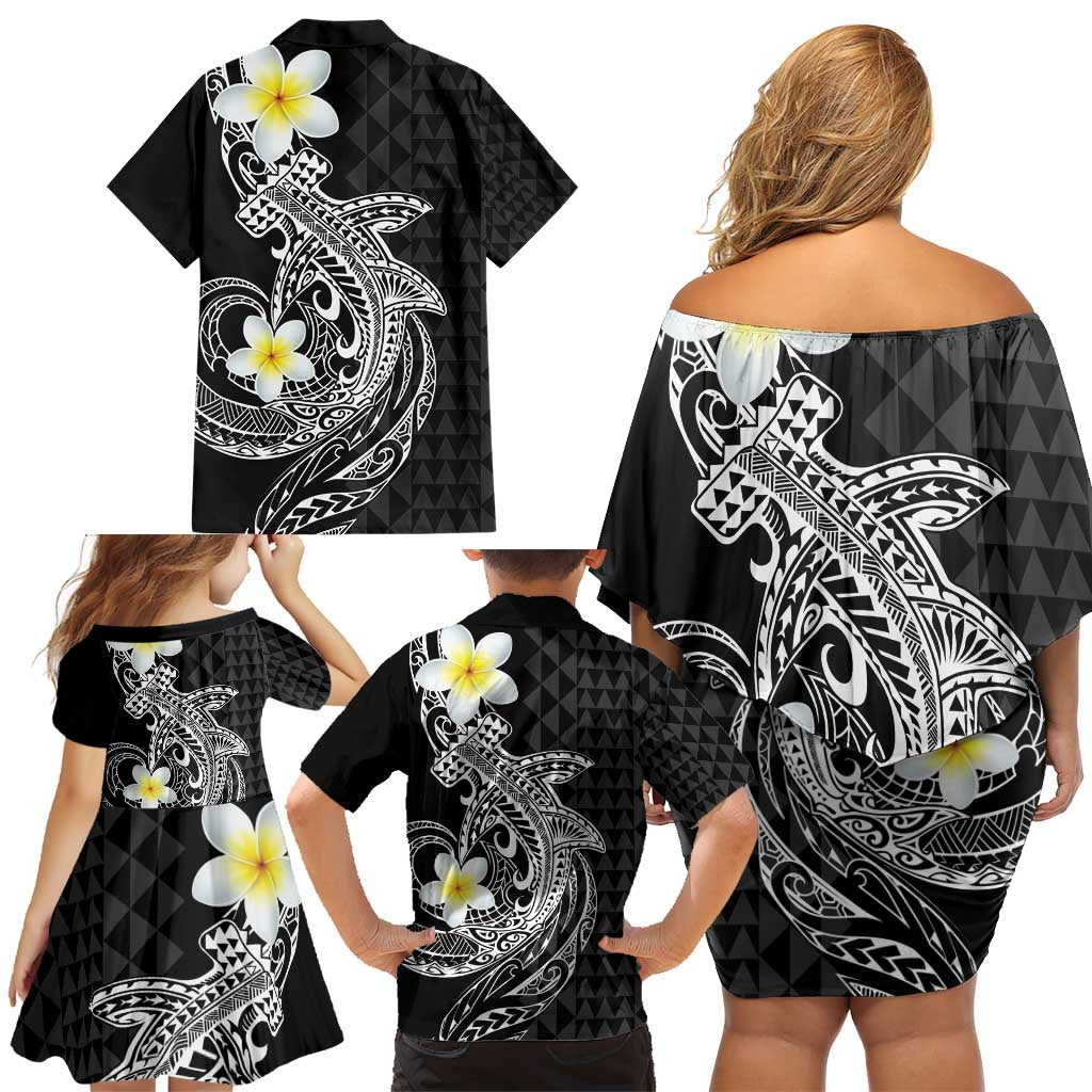 Aloha Hammerhead Shark Family Matching Off Shoulder Short Dress and Hawaiian Shirt Black Hawaiian Kakau Tribal Tattoo LT9 - Polynesian Pride