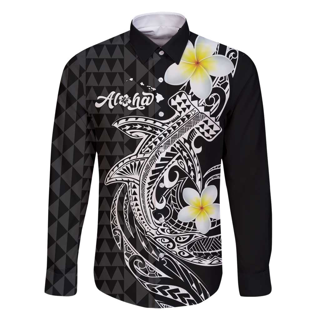Aloha Hammerhead Shark Family Matching Off Shoulder Short Dress and Hawaiian Shirt Black Hawaiian Kakau Tribal Tattoo LT9 Dad's Shirt - Long Sleeve Black - Polynesian Pride