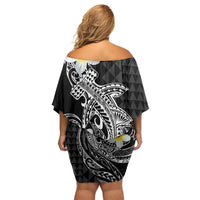 Aloha Hammerhead Shark Family Matching Off Shoulder Short Dress and Hawaiian Shirt Black Hawaiian Kakau Tribal Tattoo LT9 - Polynesian Pride