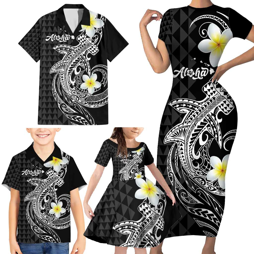 Aloha Hammerhead Shark Family Matching Short Sleeve Bodycon Dress and Hawaiian Shirt Black Hawaiian Kakau Tribal Tattoo