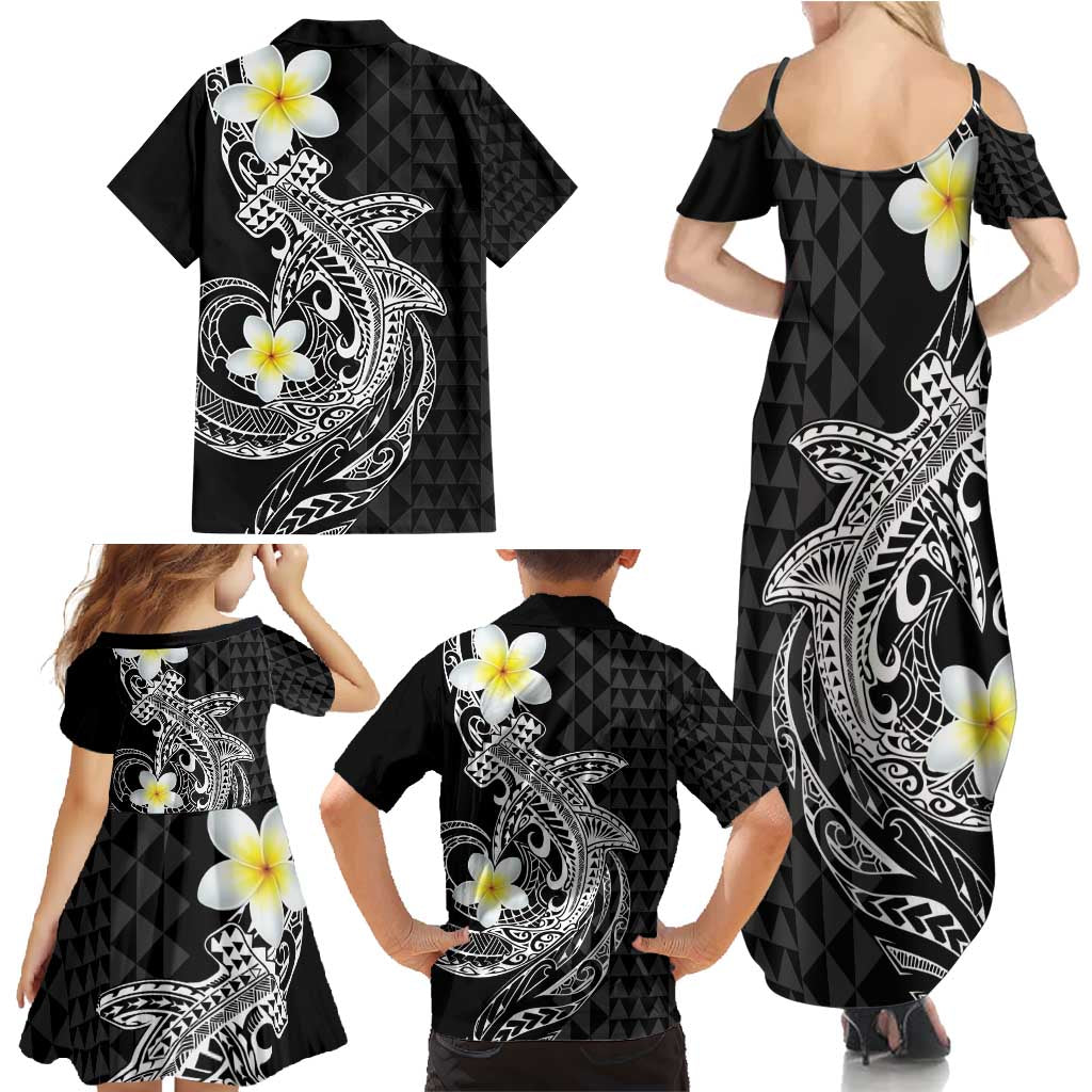Aloha Hammerhead Shark Family Matching Summer Maxi Dress and Hawaiian Shirt Black Hawaiian Kakau Tribal Tattoo
