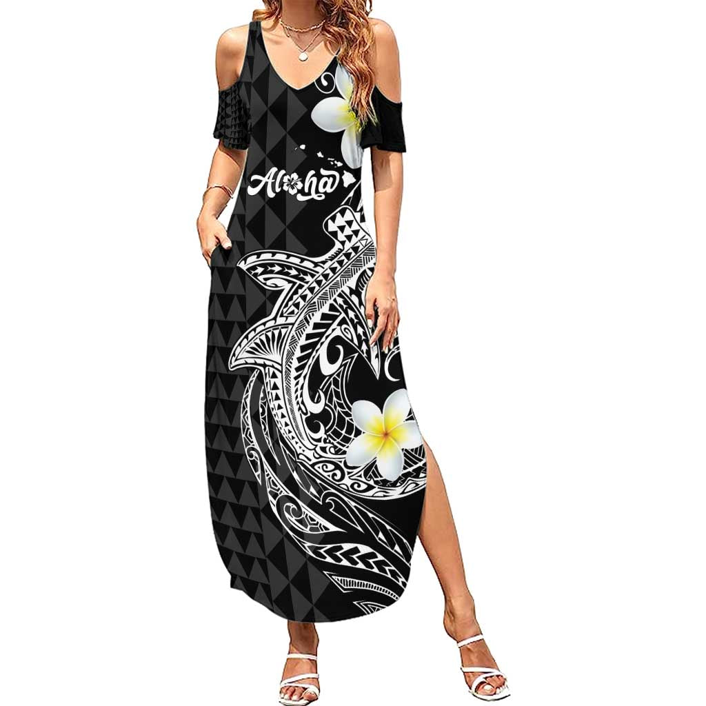 Aloha Hammerhead Shark Family Matching Summer Maxi Dress and Hawaiian Shirt Black Hawaiian Kakau Tribal Tattoo